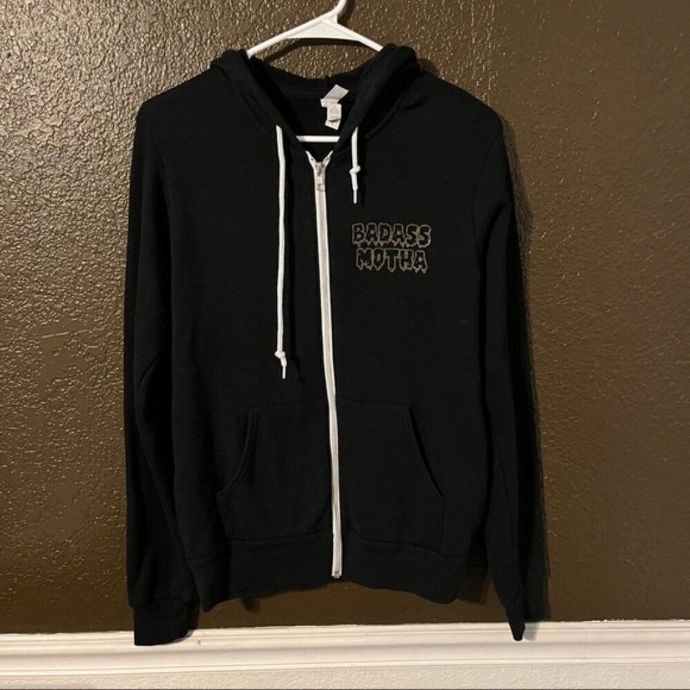 Black ‘Badass Motha’ Fleece Zip Down Hoodie by Her Little Wolves, Size Small